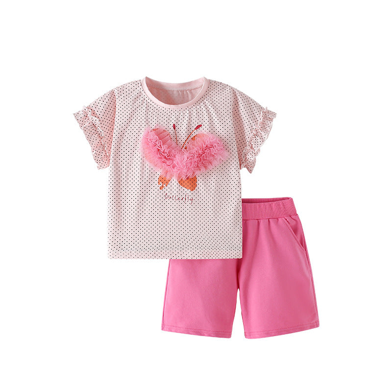 Summer Baby Kids Heart Shaped Butterfly Pattern Top and Pink Shorts Clothing Set for Girls