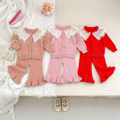 Arrival Autumn Baby Girls Long Sleeves Color Patchwork Geometric Jacquard Pattern Knitted Top Cardigan and Long Trousers Clothing Set