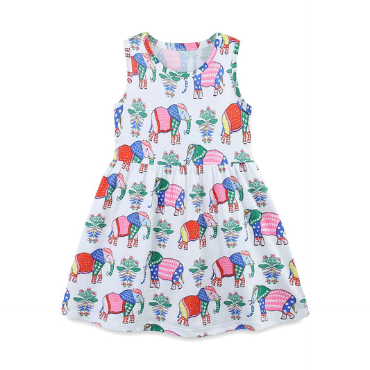 Summer Arrival Colorful Flowers and Elephants Pattern Sleeveless Crew Neck Dress for Stylish Girls
