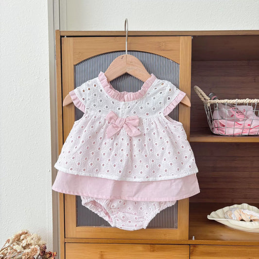 Summer Hot Selling Baby Kids Girls Fly Sleeves Color Patchwork Hollow-out Pattern Top Dress and Bloomers Clothing Set