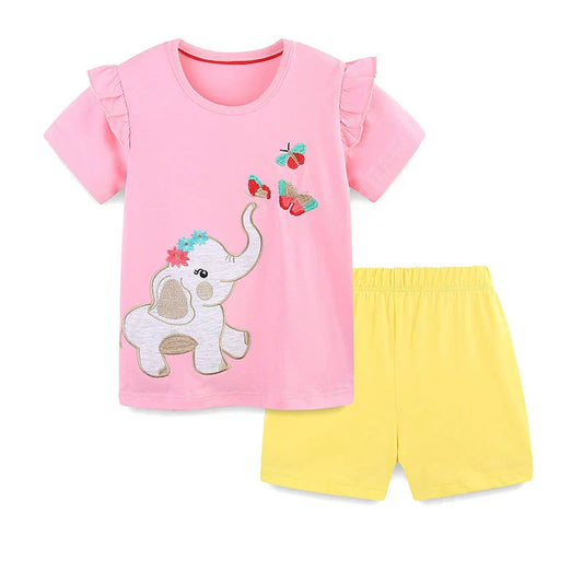 Summer Baby Kids Cute Elephant Pattern T-shirt and Shorts Clothing Set for Girls