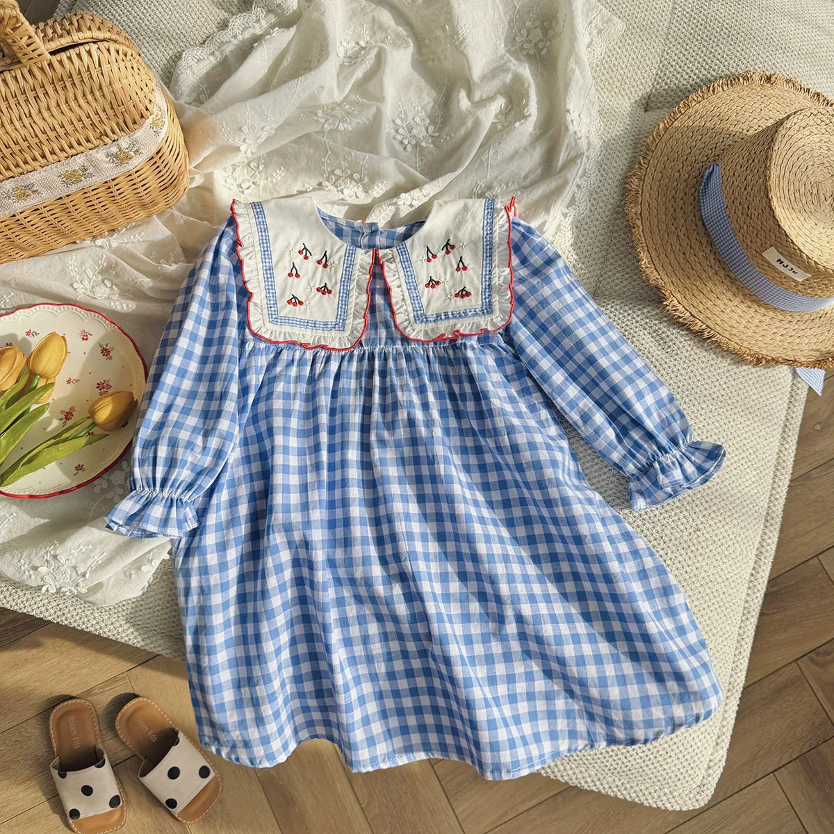 Arrival Autumn Girls Plaid and Cherry Pattern Long Sleeves Dress