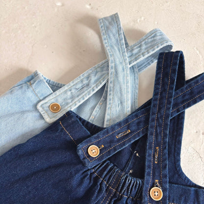 Summer Arrival Baby Kids Unisex Sleeveless Solid Color Denim Strap Overalls and White T-Shirt Clothing Set