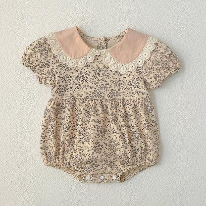 Design Summer Baby Kids Girls Floral Pattern Short Sleeves Peter Pan Collar Onesies And Girls’ Dress – Princess Sister Matching Set