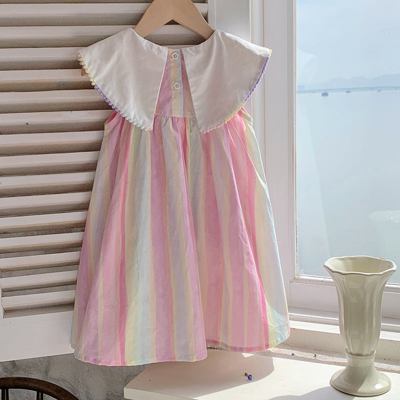 Summer Baby Kids Girls Sleeveless Horse Pattern Embroidered Striped Dress