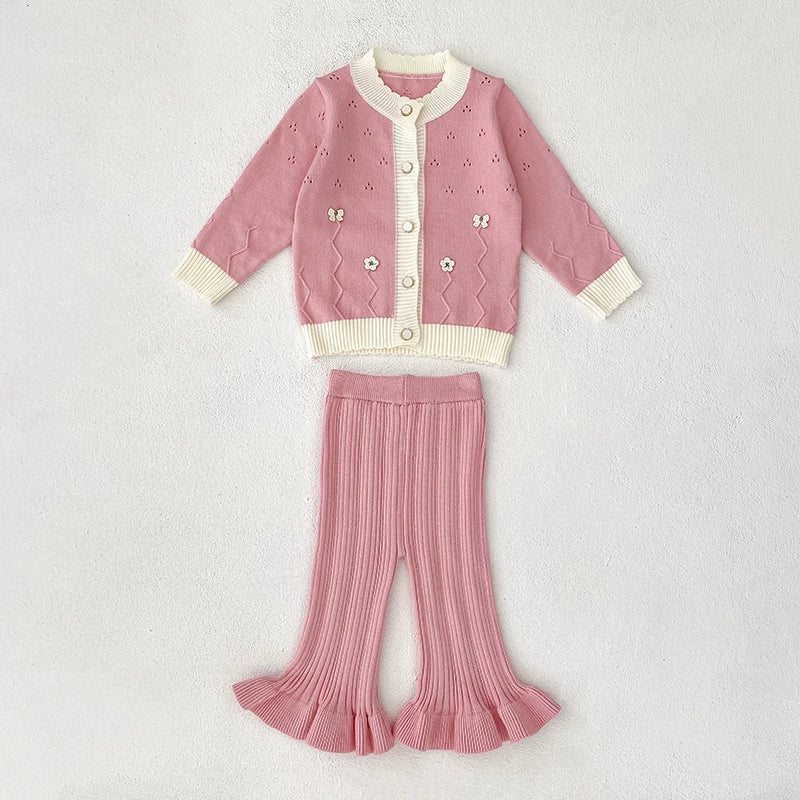 Arrival Autumn Baby Girls Long Sleeves Hollow-out and Flowers Pattern Knitted Top Cardigan and Long Trousers Clothing Set