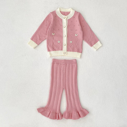 Arrival Autumn Baby Girls Long Sleeves Hollow-out and Flowers Pattern Knitted Top Cardigan and Long Trousers Clothing Set