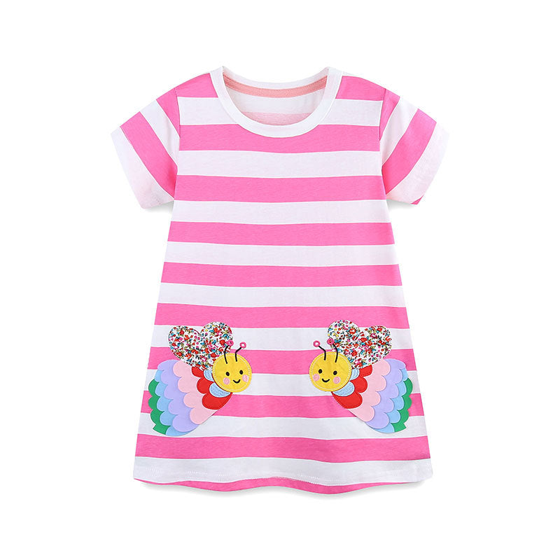 Design Summer Girls Striped and Bees Pattern Short Sleeves Dress
