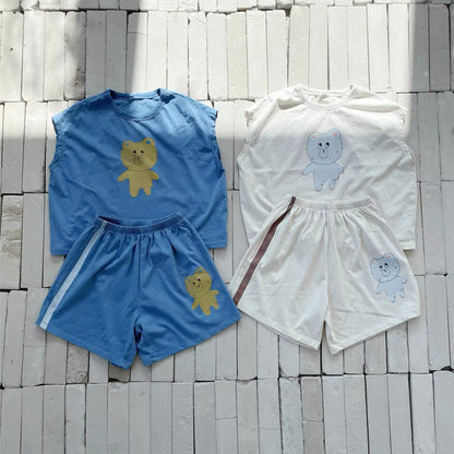 Summer Hot Selling Baby Kids Unisex Sleeveless Teddy Bear Printed T-shirt and Shorts Casual Clothing Set