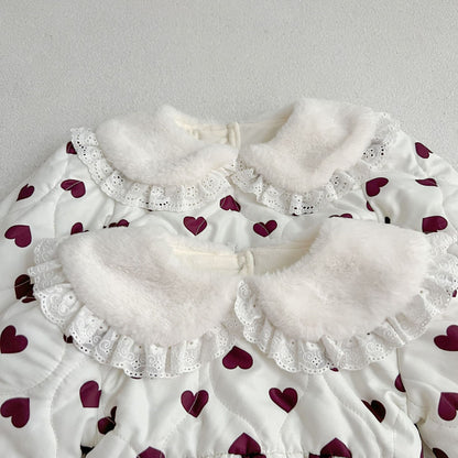 Red Heart Pattern Peter Pan Lace Collar Long Sleeve Fashion Princess Onesies&Dress