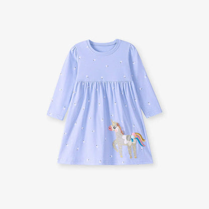 Autumn Arrival Cartoon Horse and Flowers Pattern Long Sleeves Crew Neck Dress for Stylish Girls