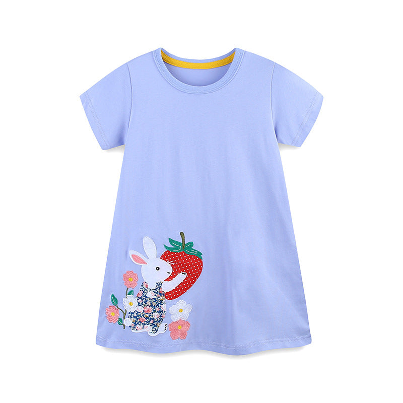 Summer Arrival Rabbit and Strawberry Cartoon Pattern Short Sleeves Dress for Stylish Girls