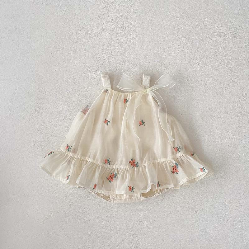 Summer Arrival Baby Girls Sleeveless Flowers Pattern Tulle Strap Onesies Dress