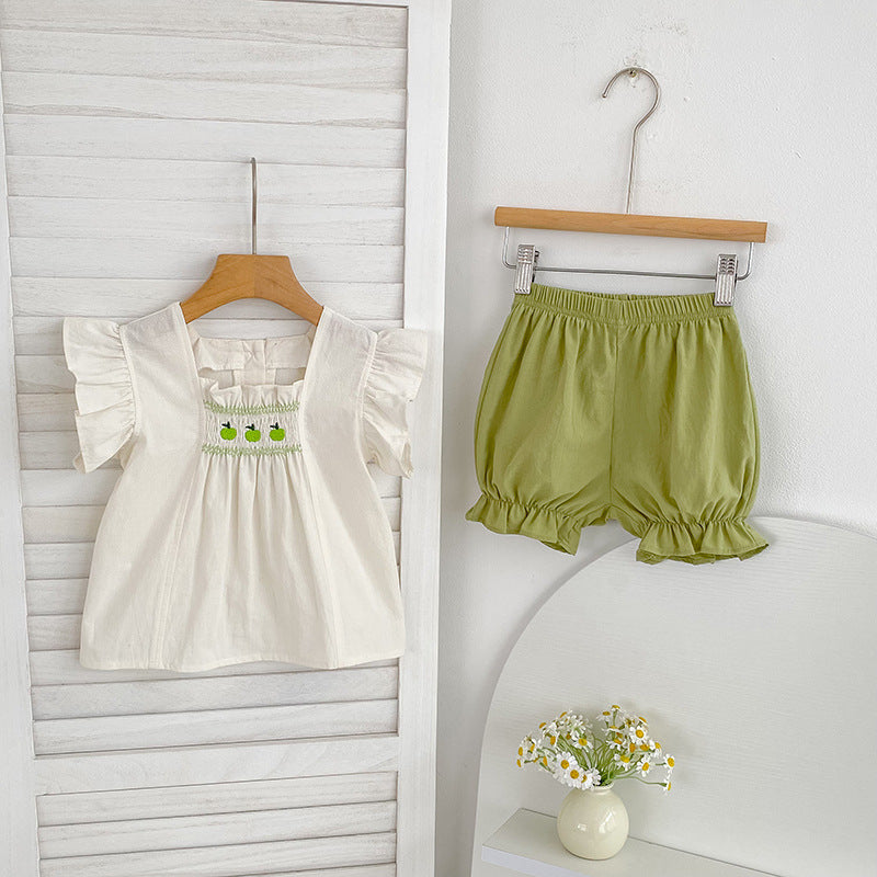 Summer Baby Kids Flowers Pattern Fly Sleeves Top and Plain Shorts Clothing Set for Girls