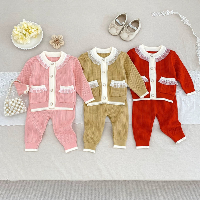 Arrival Autumn Baby Girls Long Sleeves Color Patchwork Knitted Top Cardigan and Long Trousers Clothing Set