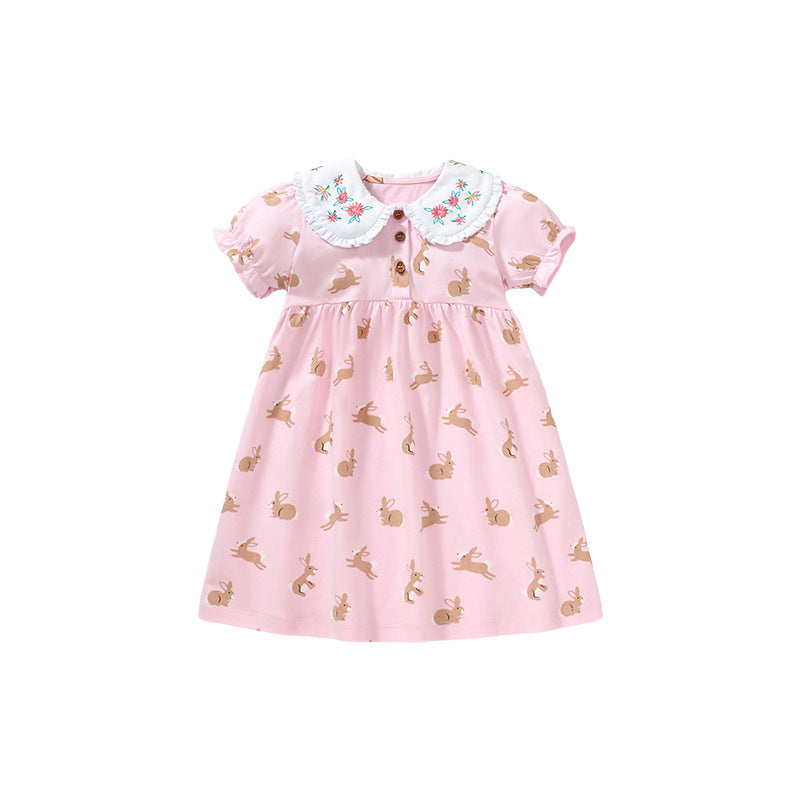 Baby Girls Peter Pan Floral Collar Short Sleeves Rabbits Pattern Dress