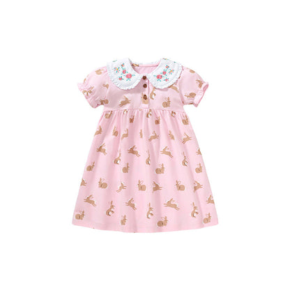 Baby Girls Peter Pan Floral Collar Short Sleeves Rabbits Pattern Dress