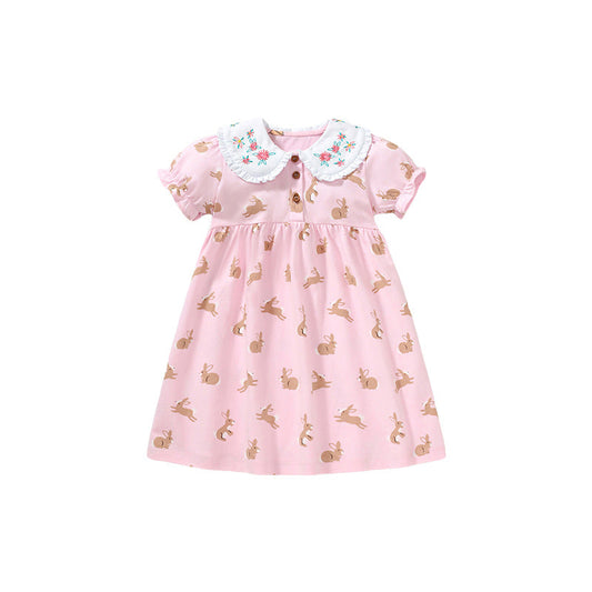Baby Girls Peter Pan Floral Collar Short Sleeves Rabbits Pattern Dress