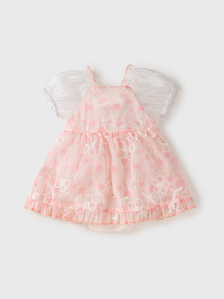 Summer Dress Design Baby Girls Pink Flowers Pattern And Embroidery Short Sleeves Square Neck Sweet Cute Onesies