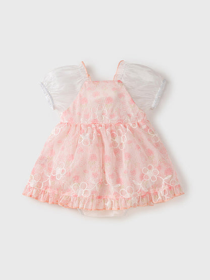 Summer Dress Design Baby Girls Pink Flowers Pattern And Embroidery Short Sleeves Square Neck Sweet Cute Onesies