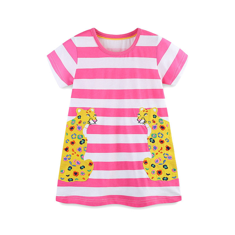 Summer Arrival Baby Girls Floral Leopards Pattern Short Sleeves Striped Dress