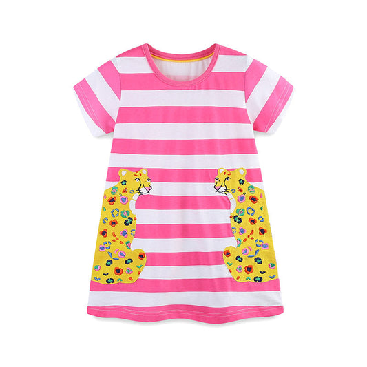 Summer Arrival Baby Girls Floral Leopards Pattern Short Sleeves Striped Dress