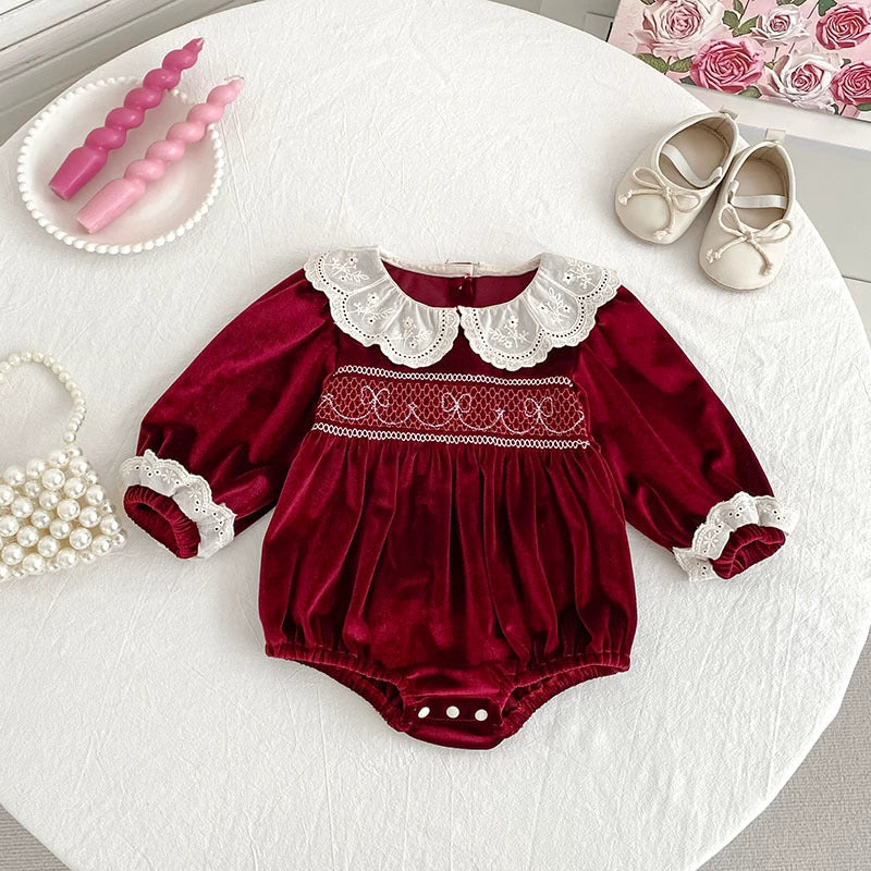 Autumn Baby Girls Long-sleeved Onesies and Dress – Princess Sister Matching Set with Hollow-out Collar