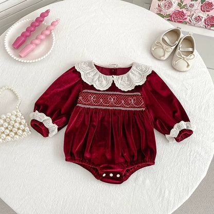 Autumn Baby Girls Long-sleeved Onesies and Dress – Princess Sister Matching Set with Hollow-out Collar