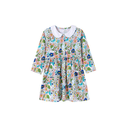Autumn and Spring Arrival Colorful Flowers Pattern Long Sleeves Crew Neck Dress for Stylish Girls