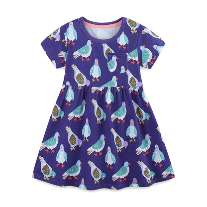 Summer Pure Cotton Animals Birds Pattern Short Sleeves Dress for Stylish Girls