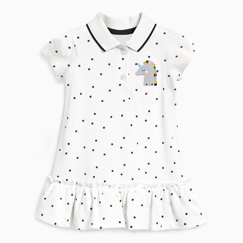 Girls’ Clothing: Summer Collection – Collar Flip Pure Cotton Unicorn Logo Children’s Polo Dress