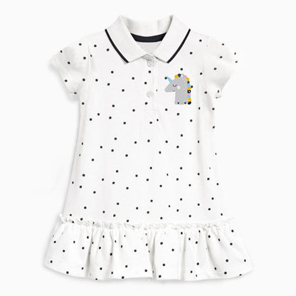 Girls’ Clothing: Summer Collection – Collar Flip Pure Cotton Unicorn Logo Children’s Polo Dress