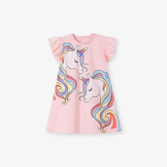 Summer Arrival Animals Cartoon Pattern Fly Sleeves Dress for Stylish Girls