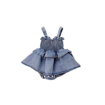 Summer Arrival Baby Girls Cute Sleeveless Denim Pleated Dress Design Strap Onesies