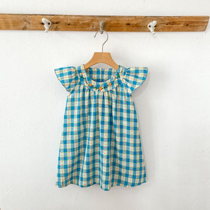 Summer Baby Girls French-style Flowers Pattern Fly-sleeved Plaid Onesies and Dress – Princess Sister Matching Set
