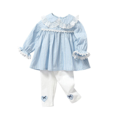 Baby Girl Heart Pattern Ruffle Doll Neck Shirt Combo Embroidered Pants Sets