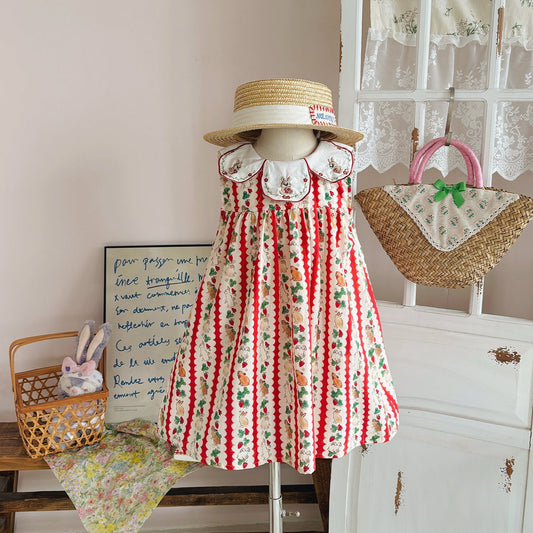 Summer Arrival Cartoon and Striped Pattern Sleeveless Dress for Stylish Girls