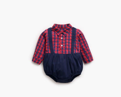 Baby Boy Plaid Pattern False One Pieces Design Lapel Bodysuit Onesies