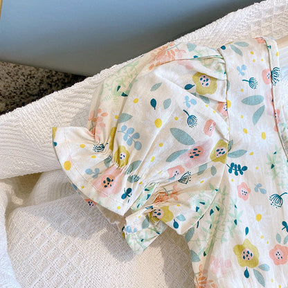 Baby Girl Floral Print O-Neck Puff-Sleeved Short Dress