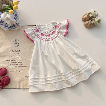Summer Baby Kids Girls Fly Sleeves Heart Pattern Embroidered Dress