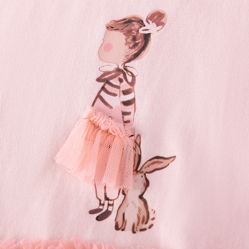 Autumn Arrival Cartoon Rabbit and Princess Pattern Long Sleeves Crew Neck Dress for Stylish Girls