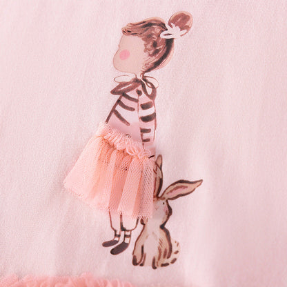 Autumn Arrival Cartoon Rabbit and Princess Pattern Long Sleeves Crew Neck Dress for Stylish Girls