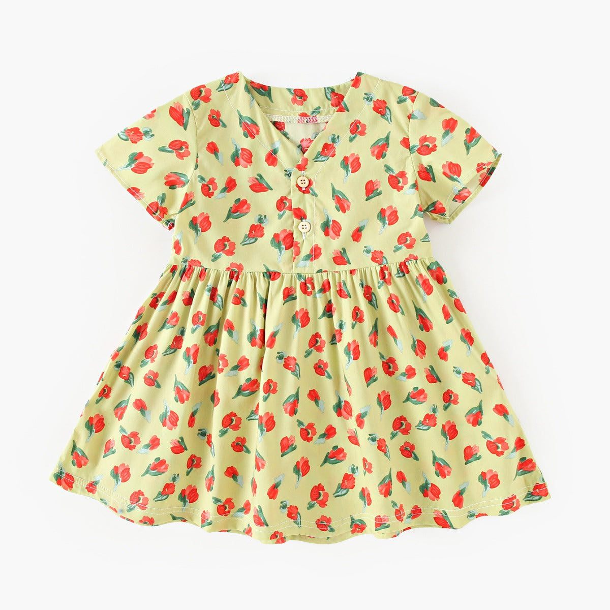 Summer Arrival Baby Girls Elegant Floral Pattern Short Sleeves V Neck Dress