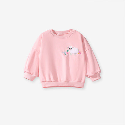 Spring And Autumn Girls Cute Sheep Cartoon Pattern Long Sleeves Top Sweatshirt And Pants Clothing Set