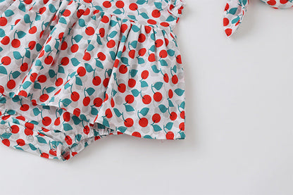Baby Girl Cherry Print Sleeveless Onesies With Headband