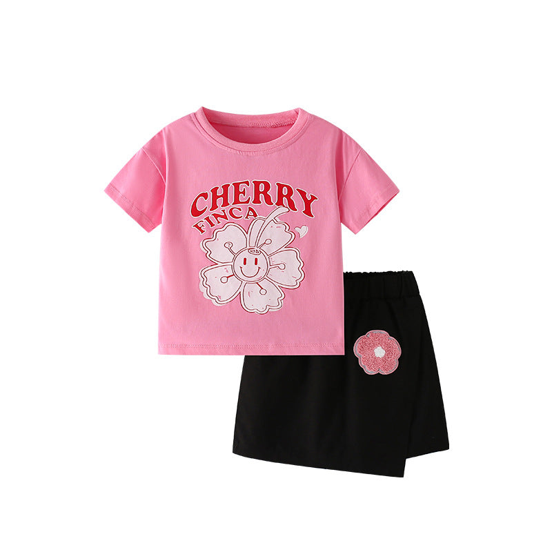 Summer Baby Kids Flowers and Letters Pattern T-shirt and Skirt Clothing Set for Girls