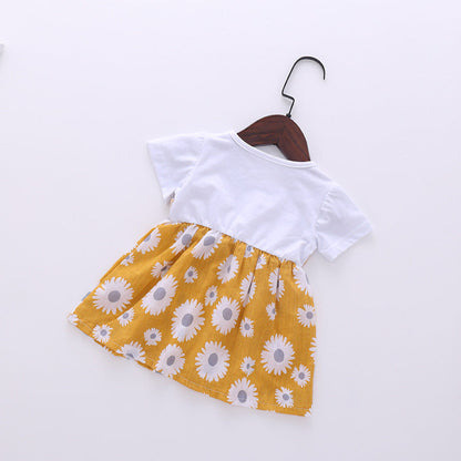 Baby Girl Little Daisy Print Pattern False Patchwork Design Round Collar Short-Sleeved Dress