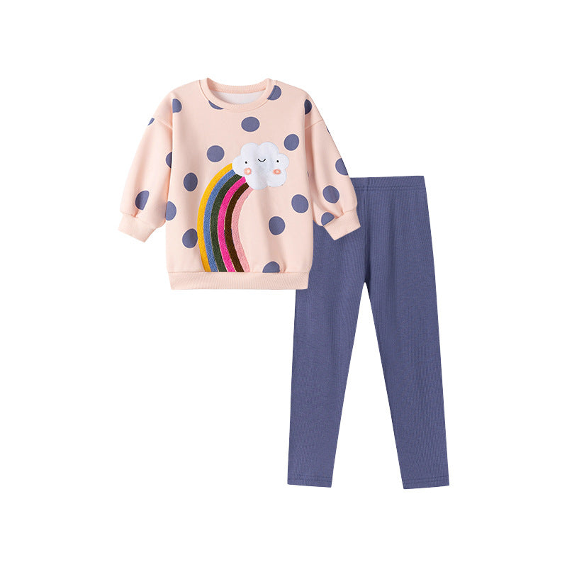 Winter and Autumn Girls Cartoon and Polka Dots Pattern Long Sleeves Sweatshirt and Plain Pants Clothing Set