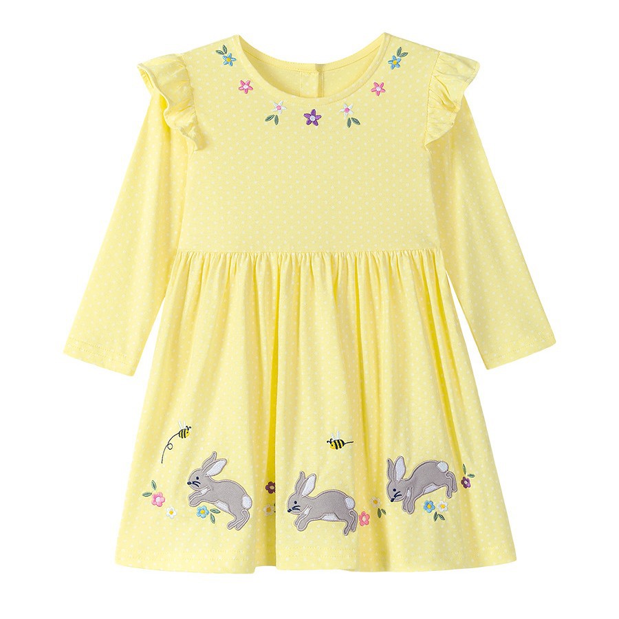 Autumn Arrival Cartoon Rabbits and Flowers Pattern Long Sleeves Crew Neck Dress for Stylish Girls