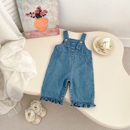 Arrival Spring Girls Long Sleeves Simple Floral Embroidered Top and Denim Overalls Set Clothing Set